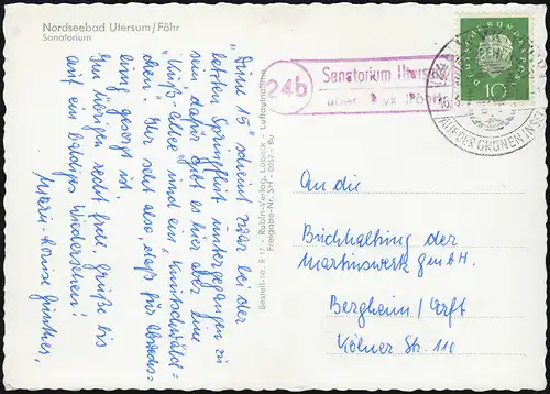 Landpost 24b Sanatorium Utersum über Wyk, SSt WYK 16.3.1961 auf passender AK