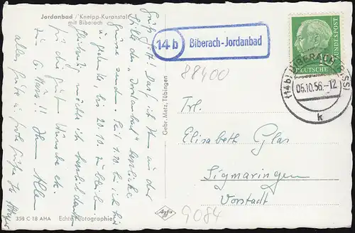 Landpost 14b Biberach-Jordanbad auf passender AK, BIBERACH (RISS) 5.10.1956 
