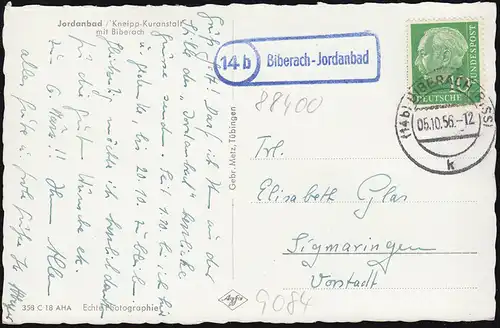 Landpost 14b Biberach-Jordanbad auf passender AK, BIBERACH (RISS) 5.10.1956