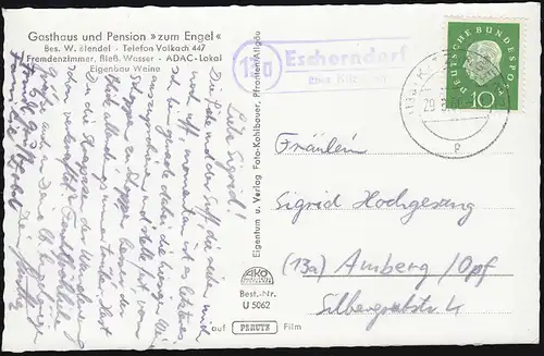 Landpost 13a Escherndorf über KITZINGEN 29.8.1960 auf AK Gasthaus "Zum Engel"