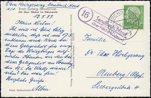 Landpost 16 Sandbach Nord au-dessus de HÖCHST (ODENWALD) 13.5.1957 à AK Sanatorium