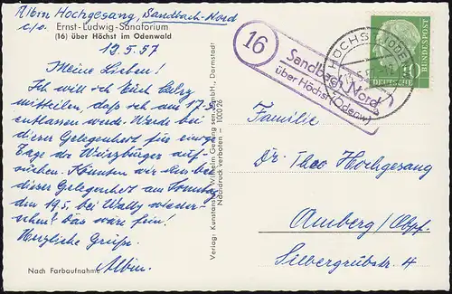 Landpost 16 Sandbach Nord über HÖCHST (ODENWALD) 13.5.1957 auf AK Sanatorium