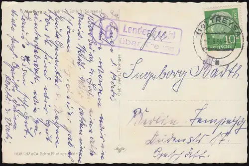 Landpost 16 Lenderscheid par TREYSA 7.9.1955, AK Marburg/Lahn Schloss (Südge)