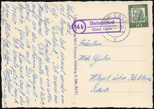 Post de campagne 14b Oberlengenhardt sur CALW 16.11.1961 sur AK Maison Waldeck