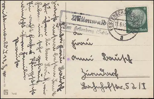 Landpost Mittenwald über FESTENBERG (SCHLESIEN) 11.5.1940 auf AK Pfingsten