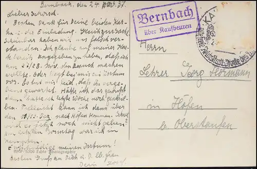 Landpost Bernbach über KAUFBEUREN SSt 1937 AK München Haus der deutschen Kunst