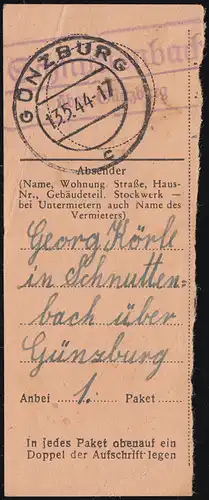 Landpost Schnuttenbach via GÜNZOURG 13.5.1944 sur la section de cartes paquet