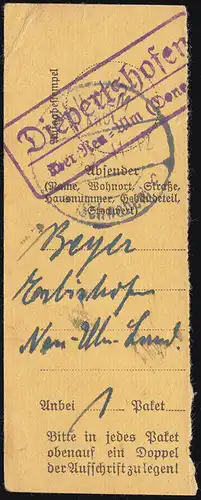 Landpost Diepertshofen über NEU-ULM (DONAU) LAND 1935 auf Paketkartenabschnitt