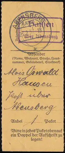 Landpost Hausen über ABENSBERG 23.2.1937 auf Paketkartenabschnitt