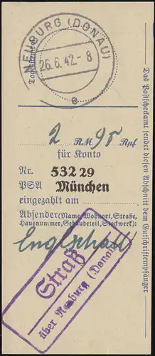 Landpost Strass via NEUBURG (DONAU) 26.6.42 sur la section cartes à nombres