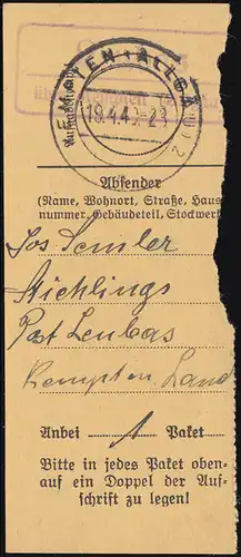 Landpost Leubas über KEMPTEN (ALGÄU) 19.4.1940 auf Paketkartenabschnitt