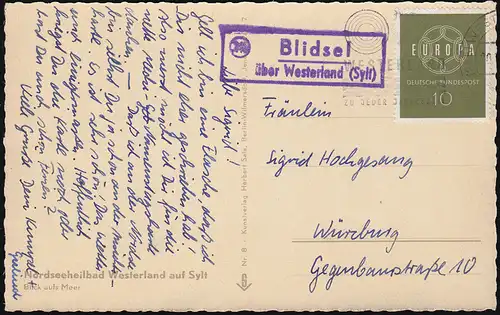 Landpost Blidsel über WESTERLAND um 1959 auf AK Nordseeheilbad Westerland / Sylt