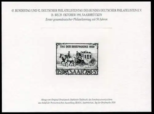 Impression spéciale Sarre 291 Journée du timbre 1950 - FAKSIMILE 1991 167x125 mm