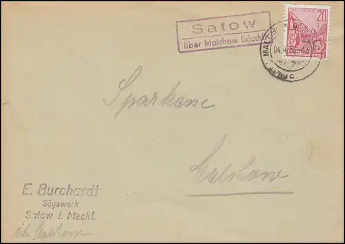 Landpost Satow über MALCHOW (MECKLENBURG) 4.4.1956 auf Brief nach Malchow