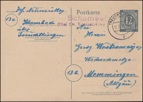Landpost Schambach (13a) sur REUCHTLINGEN 12.5.48 sur carte postale à Memmingen