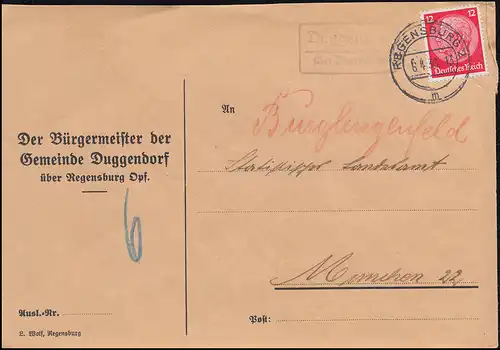 Landpost Duggendorf sur REGENSBURG 6.4.1936 sur lettre à Munich