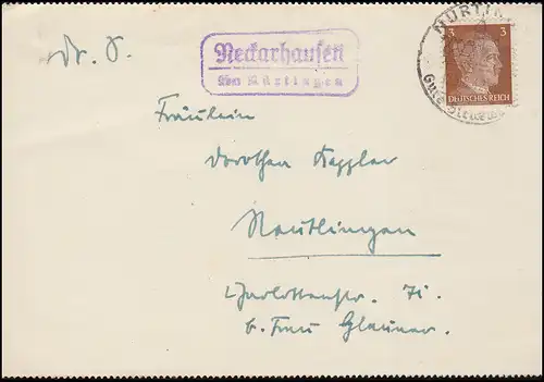 Landpost Neckarhausen sur NUTTINNEN 25.8.1942 SSt sur le problème de l'impression après Nürtingen