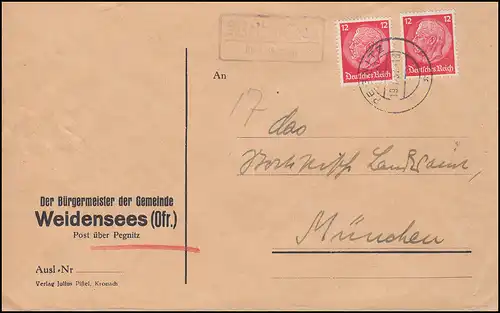 Landpost Weidensees sur PEGNITS 19.7.1937 sur lettre à Munich