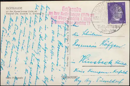 roter BS Hofbaude an der Kesselkoppe auf passender AK, SSt HOHENELBE 10.10.1943