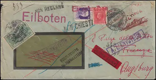 Italien: Eilbrief/Express Irrläufer-Brief durch ganz Italien! ROM 2.8.1937