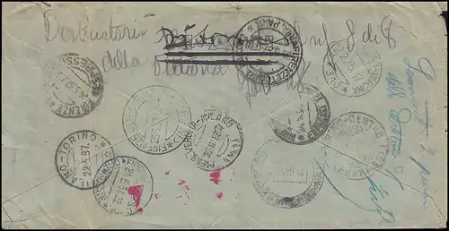 Italien: Eilbrief/Express Irrläufer-Brief durch ganz Italien! ROM 2.8.1937