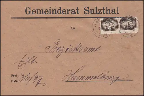 Marques de service Bavière avec imprimé en couple sur lettre conseiller municipal SULZTHAL 16.1.22