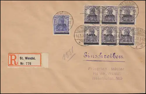 Saargebiet: R-Brief 7 Germania-Aufdrucke Sarre, ST. WENDEL 14.3.1920 nach HERNE