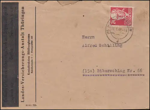 SBZ Thälmann EF Brief Landes-Versicherungs-Anstalt HILDBURGHAUSEN 23.6.49