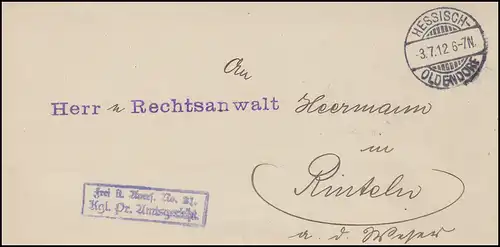 Frei laut Avers No. 21 Faltbrief vom Amtsgericht HESSISCH-OLDENBURG 3.7.1912