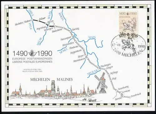 Belgique 2402 Liaisons postales: Carte commémorative officielle Oval-O MECHELEN 12.1.1990