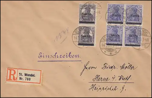 Saargebiet: R-Brief 6 Germania-Aufdrucke "Sarre", ST. WENDEL 14.3.20 nach HERNE