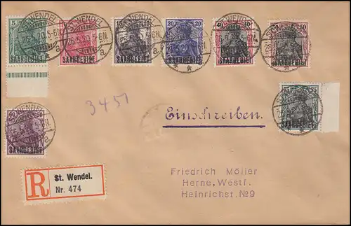Région de Sarre: Lettre R avec 8 timbres Germania ST. WENDEL 26.5.1920 n. HERNE