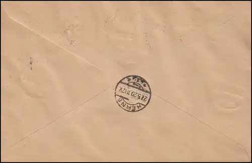 Saargebiet: R-Brief mit 8 Germania-Aufdruckmarken ST. WENDEL 26.5.1920 n. HERNE