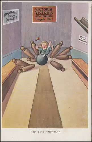 AK de l'humour Un coup principal: enfant avec balle en bowling, EINBECK 1.6.1923