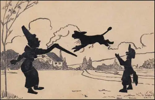 Scherenschnitt AK Zirkus-Akrobatik mit Hund, AMBERG 19.7.1910 nach Nürnberg 