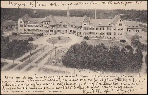AK Gruss aus BELZIG: Sanatorium, 27.5.04 nach MERXPLAS 29.5.1904