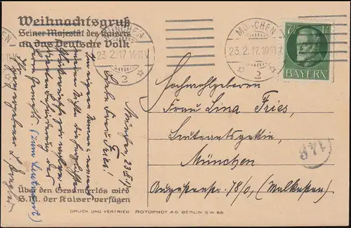 AK Salut de Noël de l'empereur Guillaume, MUNICH 2 - 23.2.1917, carte de donation