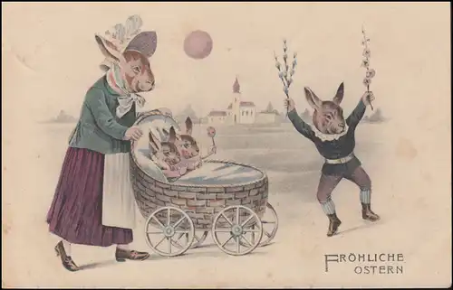 AK Pâques Famille de lapins heureux, AJURÉE 25.3.1910 comme carte postale locale