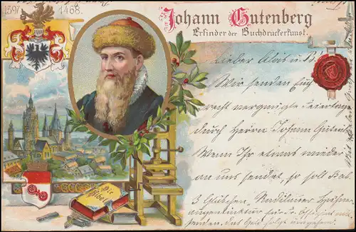 AK Johann Gutenberg - inventeur de l'imprimerie, selon AUGBURG 1.4.1899