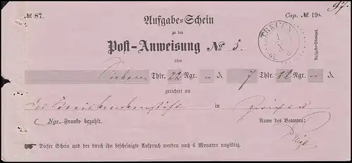 Saxe: ordre postal Bulletin de mission TROUEN 1.10.1867