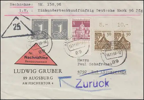 458 Oberrand-Paar + ZF auf NN-Bedarfsbrief AUGSBURG 16.11.1968 und Zurück-O