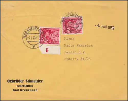 Volksabstimmung im Sudetenland MeF auf Brief BAD KREUZNACH 3.6.1939 nach Berlin