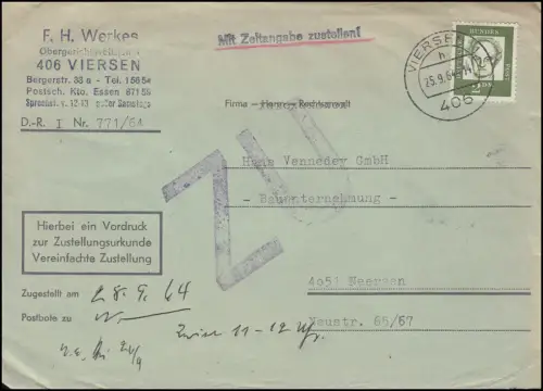 362 auf Brief EF Stempel ZU - Mit Zeitangabe zustellen! VIERSEN 25.9.64
