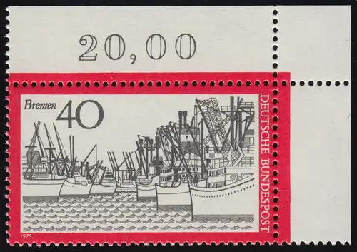 789 Fremdenverkehr 40 Pf Bremer Hafen ** Ecke o.r.
