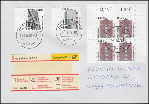 2299 Tönninger Packhaus Vbl. + 2301+2302 Bogenrand auf Übergabe-R-FDC Eig.