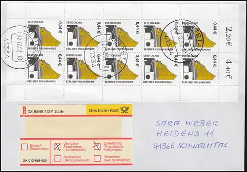 2298 Berliner Philharmonie als Zehnerbogen auf Übergabe-R-FDC Eigenhändig