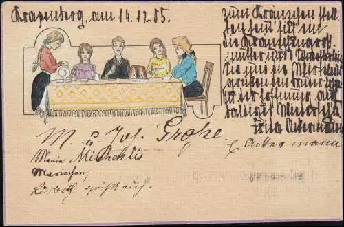 AK Kaffeezeit, Unikat ZITZSCHEWIG (BZ. DRESDEN) 16.12.1905 nach LEIPZIG 16.12.05