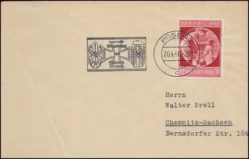 Werbestempel zum Geburtstag mit passender Frankatur auf Brief POSEN 20.4.1940