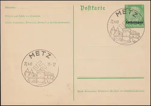 Carte postale Lorraine Hindenburg avec impression, SSt METZ 20.4.1941