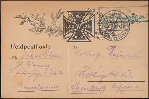 Feldpost B.S. 1. Komp. Westfälisches Jäger-Batl. Nr. 7 auf Postkarte 5.8.1915